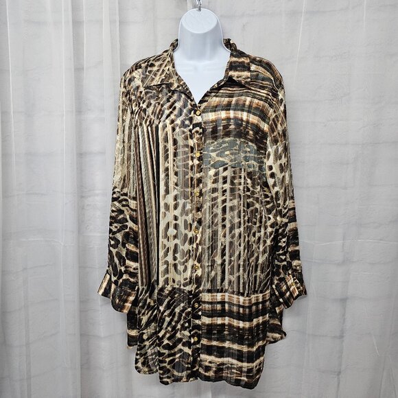 Chico's Brown Button Down Leopard Tunic Metallic Sheer Mobwife 2 (L) - Picture 12 of 12